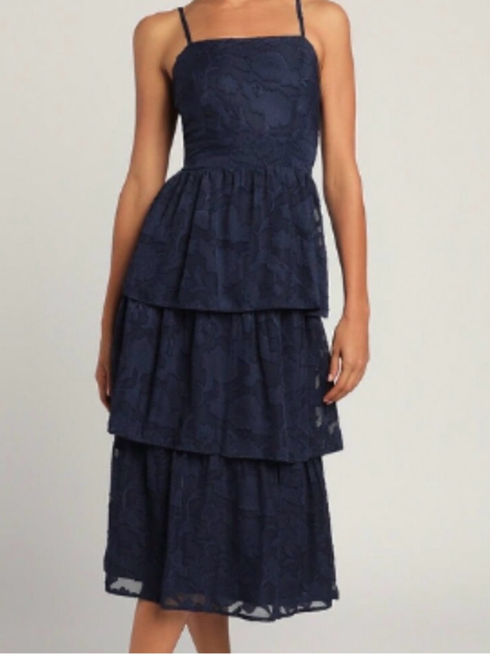 Lulu's Navy Lace Tiered Midi Dress with Spaghetti Straps